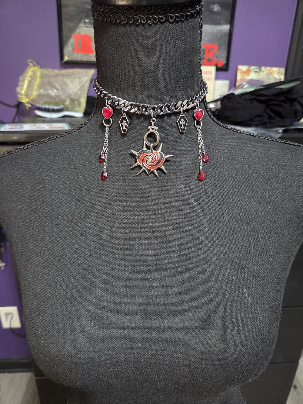 Handmade Red Black Silver Scene Necklace Spike Heart Coffin Goth Punk Emo Steel - Picture 2 of 6